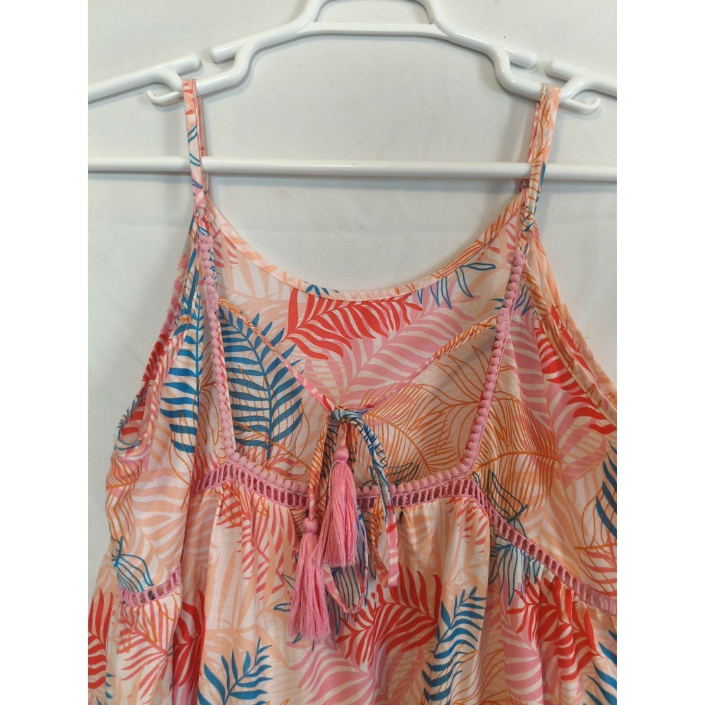 America & Beyond Tropical Palm Leaf Tiered Maxi Dress Pom Pom Hem Pink XL - Picture 9 of 9